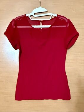 Express Red Short-Sleeve Top with Sheer Yoke